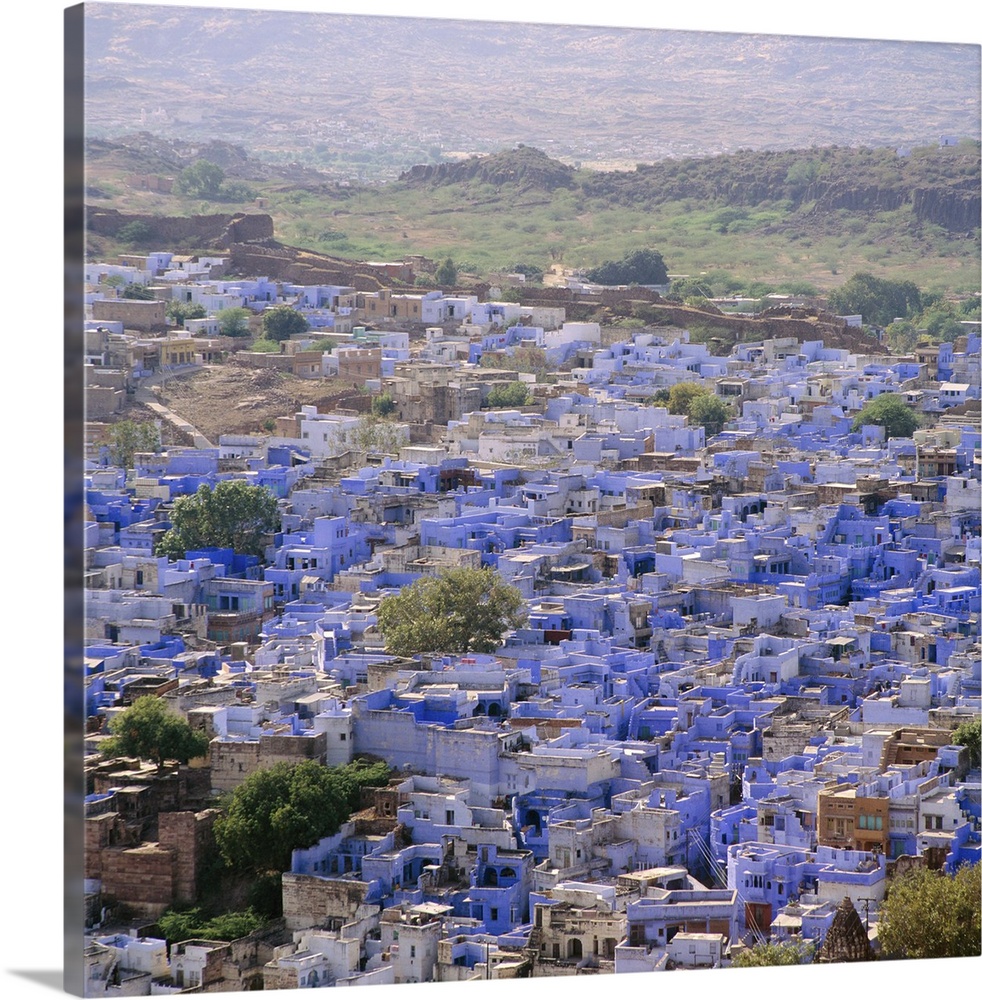 Aerial view from the fort, over the Blue Houses of Jodhpur, Rajasthan, India
