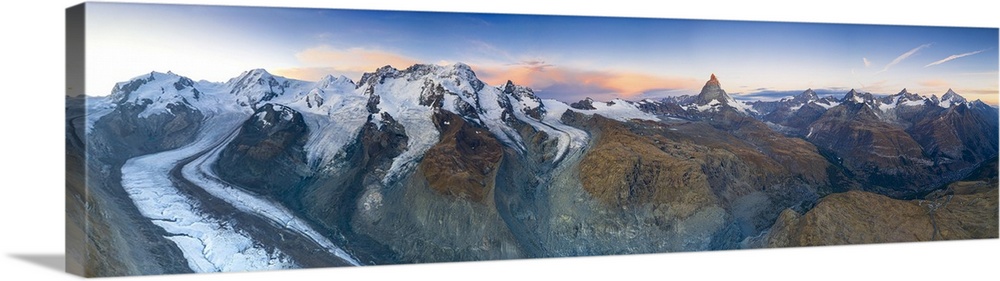 Aerial view of Gorner Glacier (Gornergletscher) and Matterhorn at dawn, Zermatt, canton of Valais, Switzerland, Europe