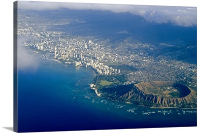 Aerial view of Honolulu, Waikiki and Diamond Head, Oahu, Hawaii