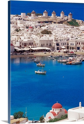 Aerial view of Mykonos, Hora and harbour, Cyclades, Greek Islands, Greece