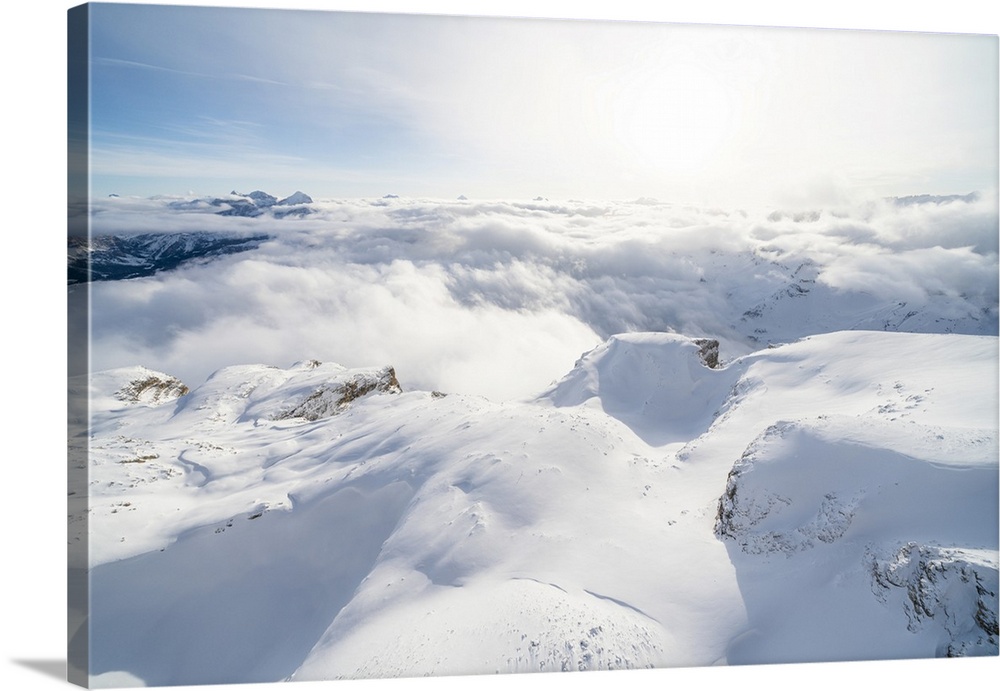 Aerial view of Sass Pordoi covered with snow, Sella group, Dolomites, Trentino-Alto Adige, Italy, Europe