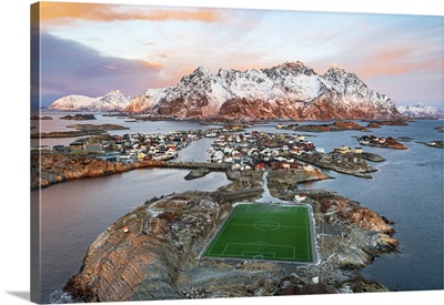 Aerial View Of Soccer Stadium And Henningsvaer Village, Lofoten Islands, Norway