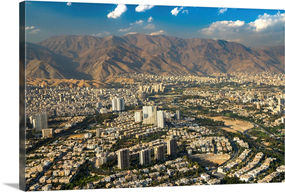 Aerial view of Tehran facing North towards the Alborz Mountains, Tehran, Iran, Middle East