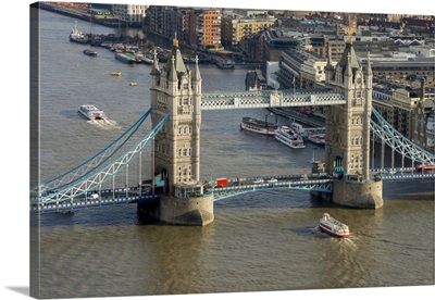 Aerial view of Tower Bridge and River Thames, London, England