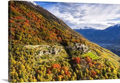Aerial View Of Traditional Village, Valtellina, Lombardy, Italy