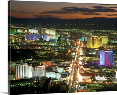 Aerial view over lights of the city at night, Las Vegas, Nevada