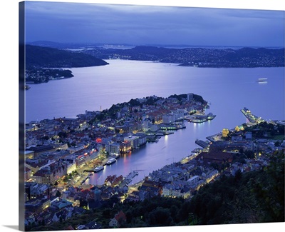 Aerial view the harbour and city of Bergen at dusk, Norway, Scandinavia