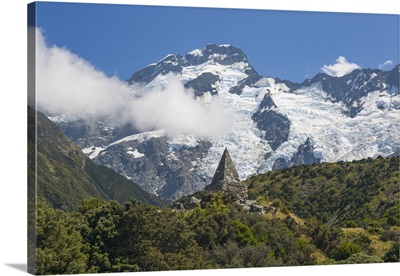 Alpine memorial dwarfed by Mount Sefton, Aoraki (Mount Cook National Park, New Zealand