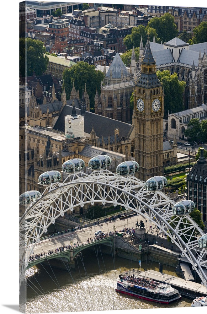 An aerial view of The London Eye and The Houses of Parliament, London, England, United Kingdom, Europe
