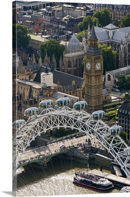 An Aerial View Of The London Eye And The Houses Of Parliament, London, England