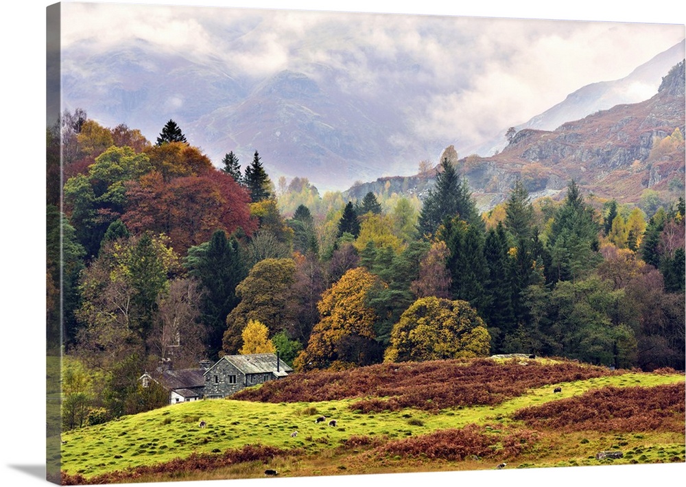 An autumn view of the scenic Langdale Valley, Lake District National Park, Cumbria, England, United Kingdom, Europe