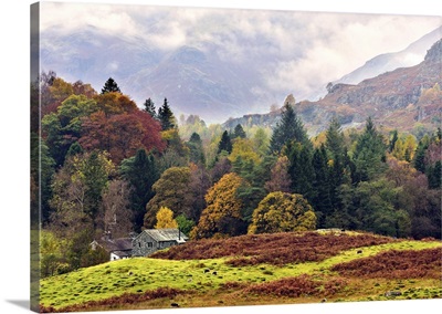 An autumn view of the scenic Langdale Valley, Lake District National Park, England
