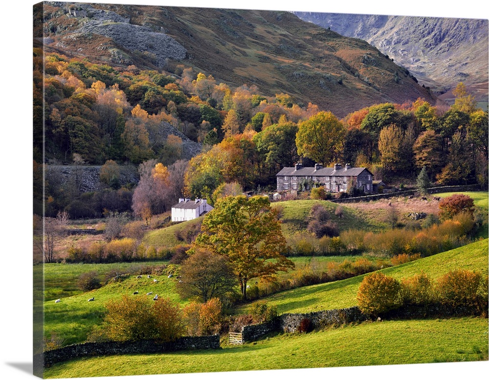 An autumn view of the scenic Langdale Valley, Lake District National Park, Cumbria, England, United Kingdom, Europe