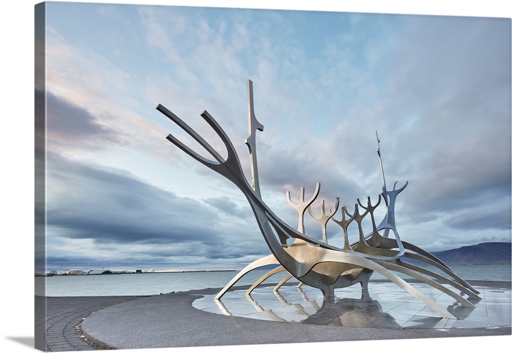 An evening view of the Suncraft sculpture, on the seafront at Reykjavik, capital city of Iceland, Polar Regions