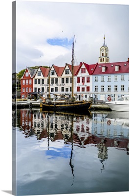 Ancient Buildings And Ship Moored In The Harbor Of Torshavn, Denmark