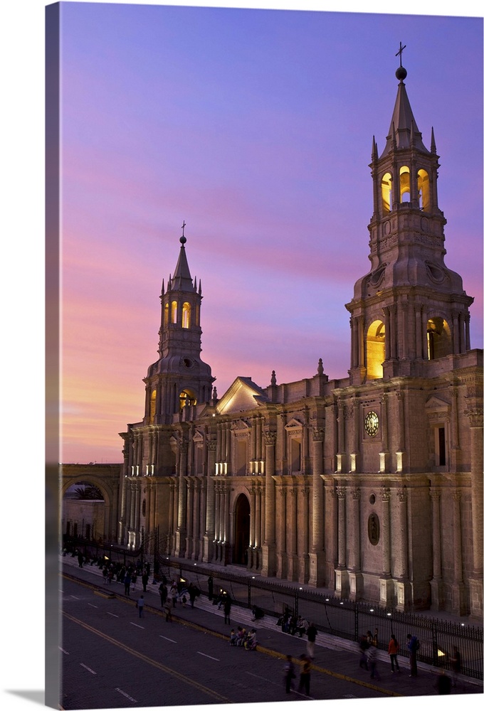 Arequipa Cathedral at sunset on Plaza de Armas, Arequipa, Peru