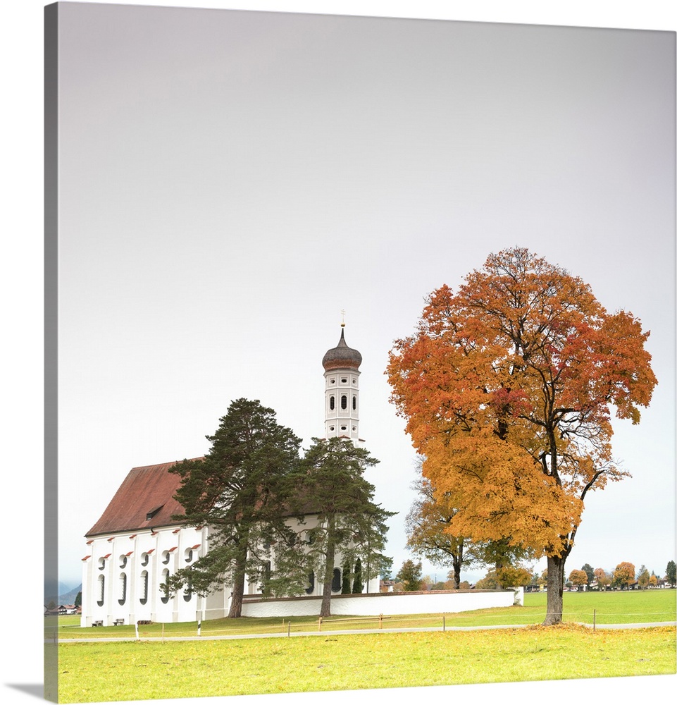 Autumn colors and trees surround St. Coloman Church at sunrise, Schwangau, Bavaria, Germany