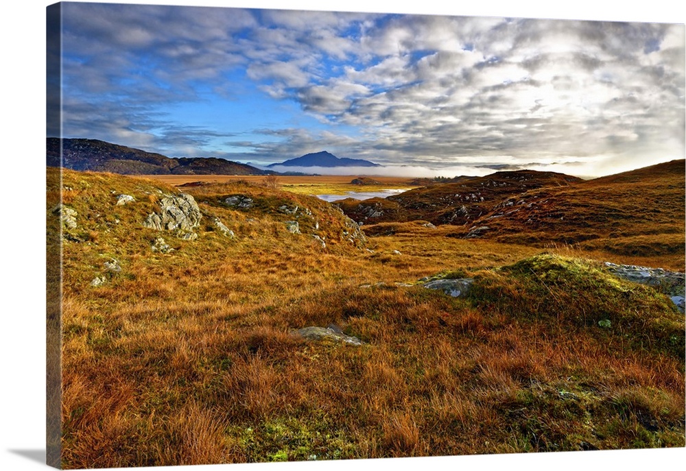 An autumn view of the colorful grass covered hills and moors of Kentra Bay as mist forms below the mountains on the horizo...