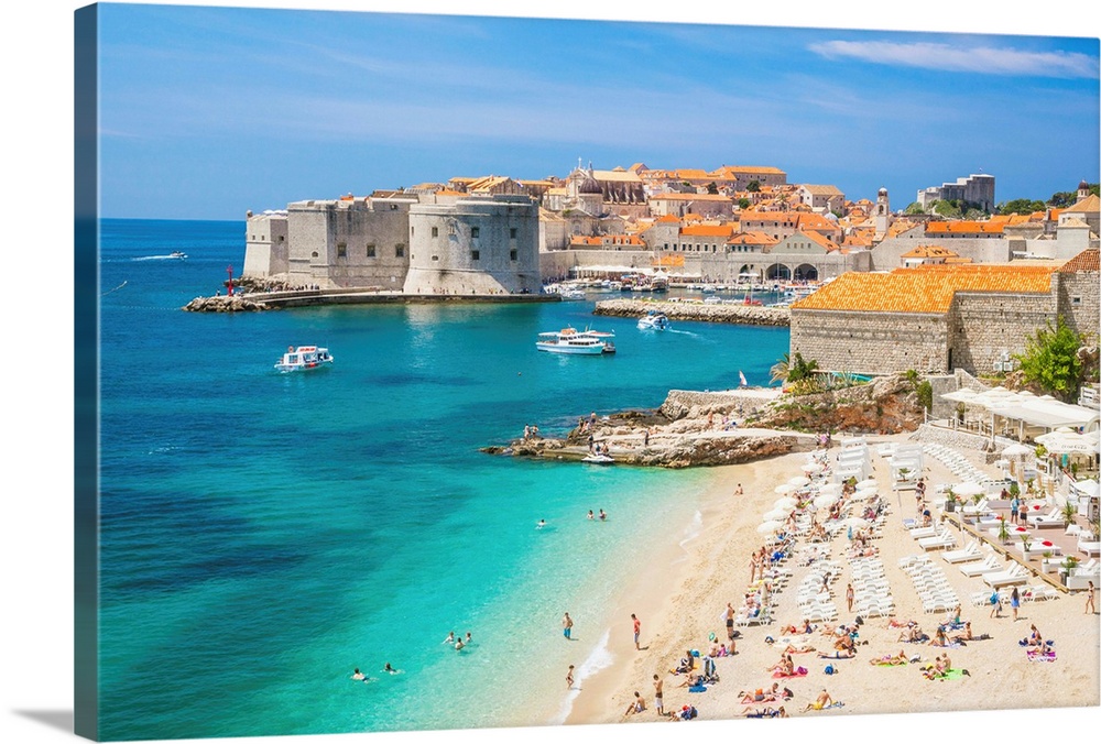 Banje beach, Old Port and Dubrovnik Old Town, Dubrovnik, Dalmatian Coast, Croatia