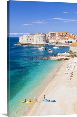 Banje beach, Old Port and Dubrovnik Old Town, Dubrovnik, Dalmatian Coast, Croatia