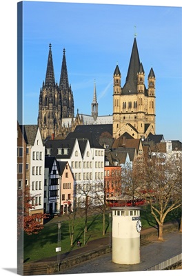 Bank of River Rhine with Gross St. Martin's Church and Cathedral, Cologne, Germany