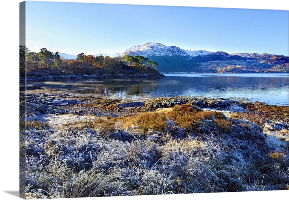 Winter view on a frosty sunny morning along the banks of Loch Sunart in the Ardnamurchan Peninsula, the Scottish Highlands...