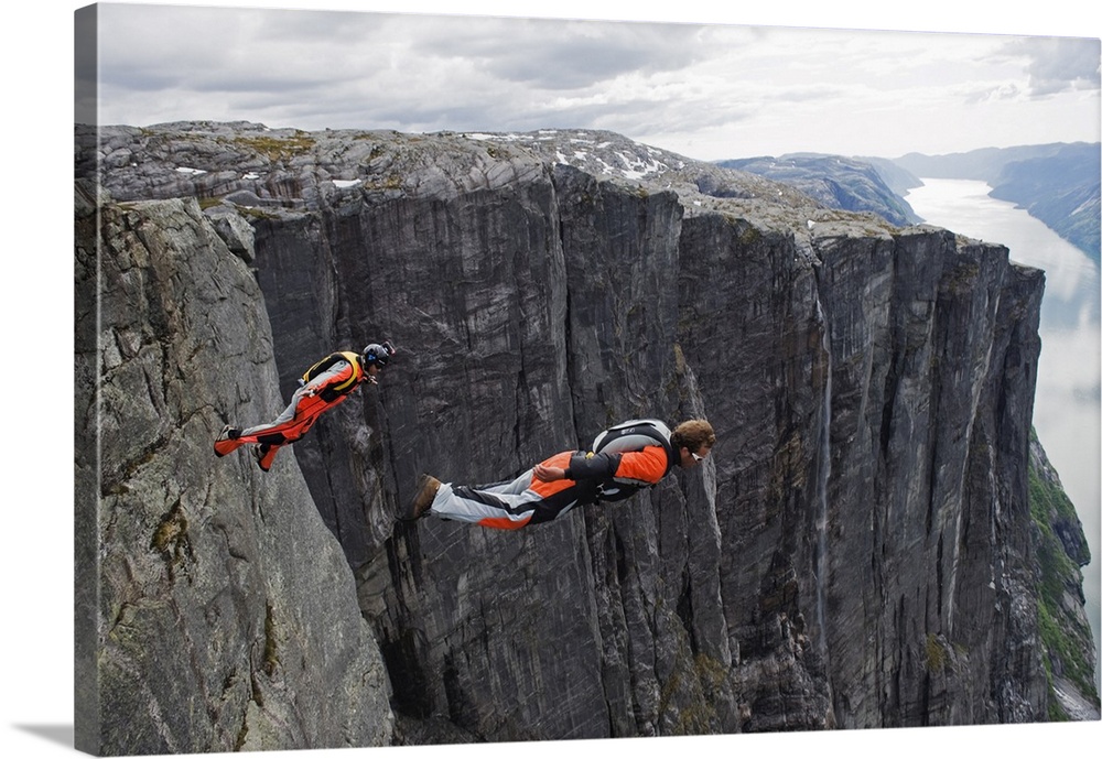 Base jumping at Lyseboten, Lysefjord, Norway, Scandinavia, Europe