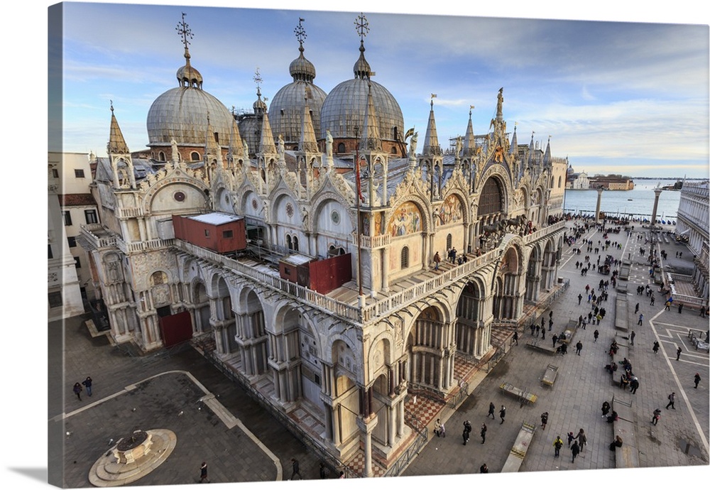 Basilica San Marco, elevated view from Torre dell'Orologio, late afternoon sun in winter, Venice, Veneto, Italy
