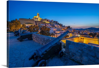 Bastion, Cannons, Ramparts, Cathedral And Dalt Vila Old Town At Dusk, Spain