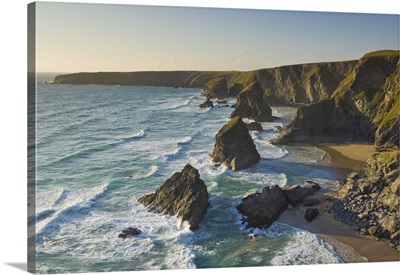 Beach and rugged coastline at Bedruthan Steps, North Cornwall, England