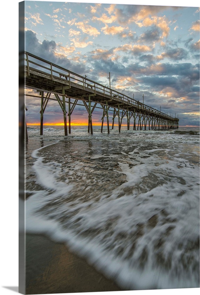 Beach, ocean, waves and pier at sunrise, Sunset Beach, North Carolina, United States of America, North America