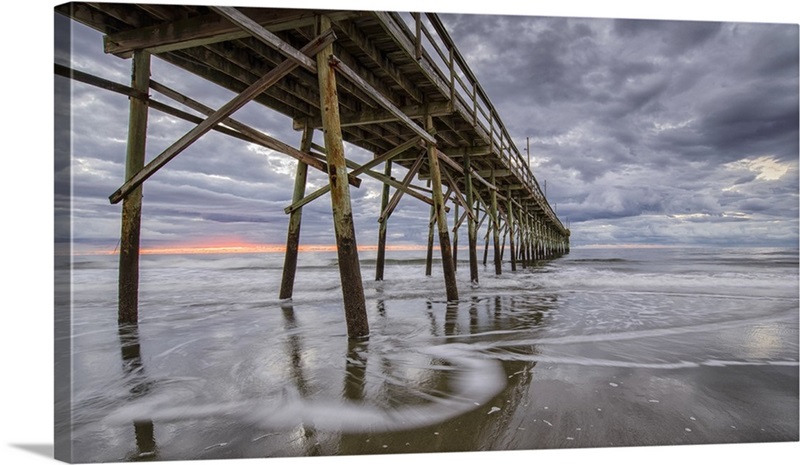 Beach, ocean, waves and pier at sunrise, Sunset Beach, North Carolina ...