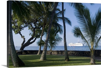 Beach with cruise ship off shore, Kailua-Kona, Island of Hawaii, Hawaii