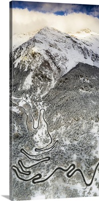 Bends Of Maloja Pass On Snowy Mountain Ridge, Bregaglia Valley, Engadine, Switzerland