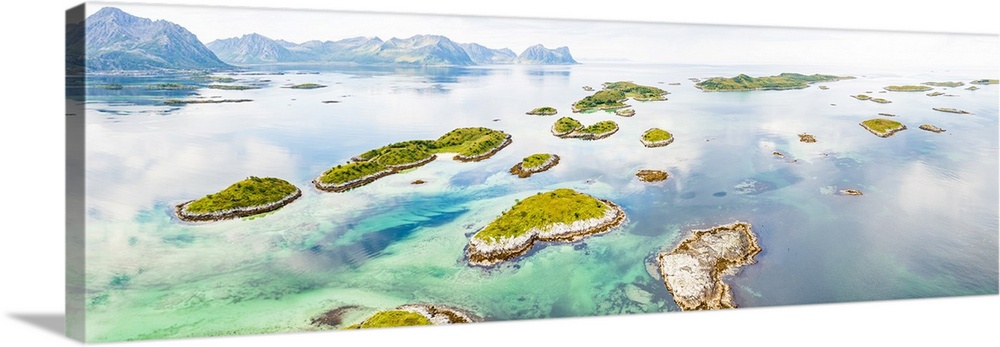 Aerial view of Bergsoyan Islands in the emerald transparent water of the fjord, Senja, Troms county, Norway, Scandinavia, ...