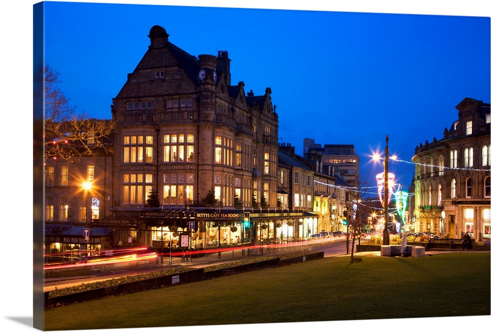 Bettys and Parliament Street at dusk, Harrogate, North Yorkshire, Yorkshire, England