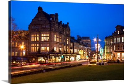 Bettys and Parliament Street at dusk, Harrogate, North Yorkshire, Yorkshire, England