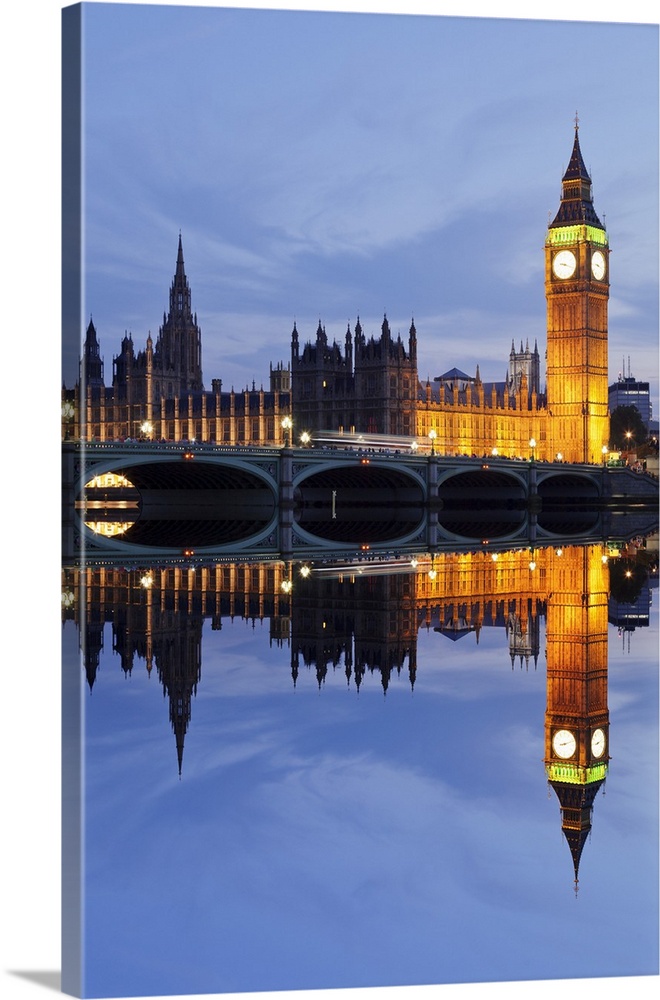 Big Ben and the Houses of Parliament, UNESCO World Heritage Site, and Westminster Bridge reflected in the River Thames, Lo...