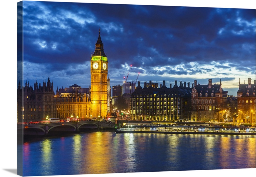 Big Ben and Westminster Bridge at dusk, London, England