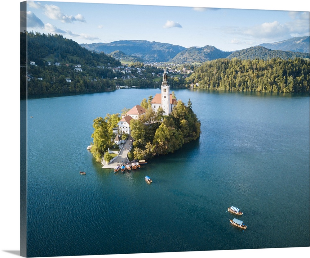 Aerial view by drone of Bled Island with the Church of the Assumption at dawn, Lake Bled, Upper Carniola, Slovenia, Europe