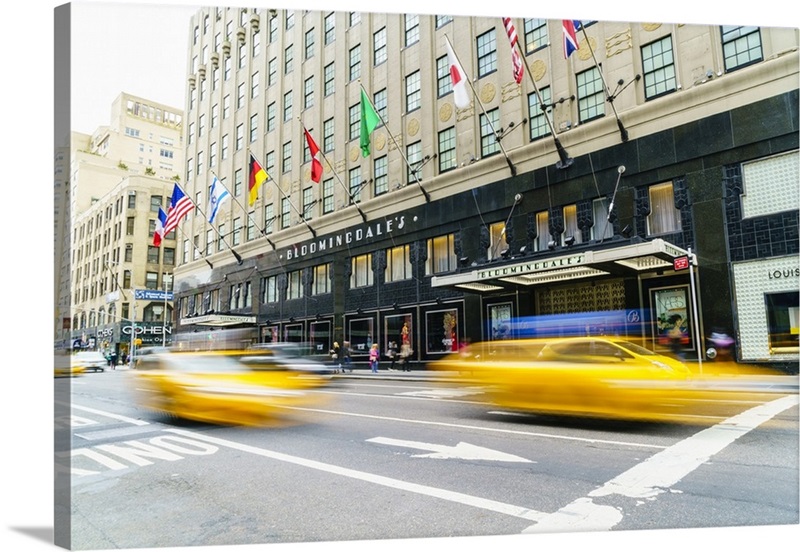 Bloomingdales Department Store and Yellow Taxi Cabs, Lexington Avenue, New York City | Large Solid-Faced Canvas Wall Art Print | Great Big Ca