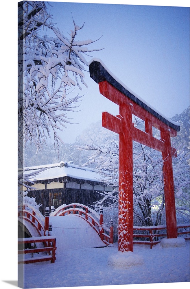 Blue hour in Shimogamo Shrine, during the largest snowfall on Kyoto in the last 50 years, Kyoto, Japan