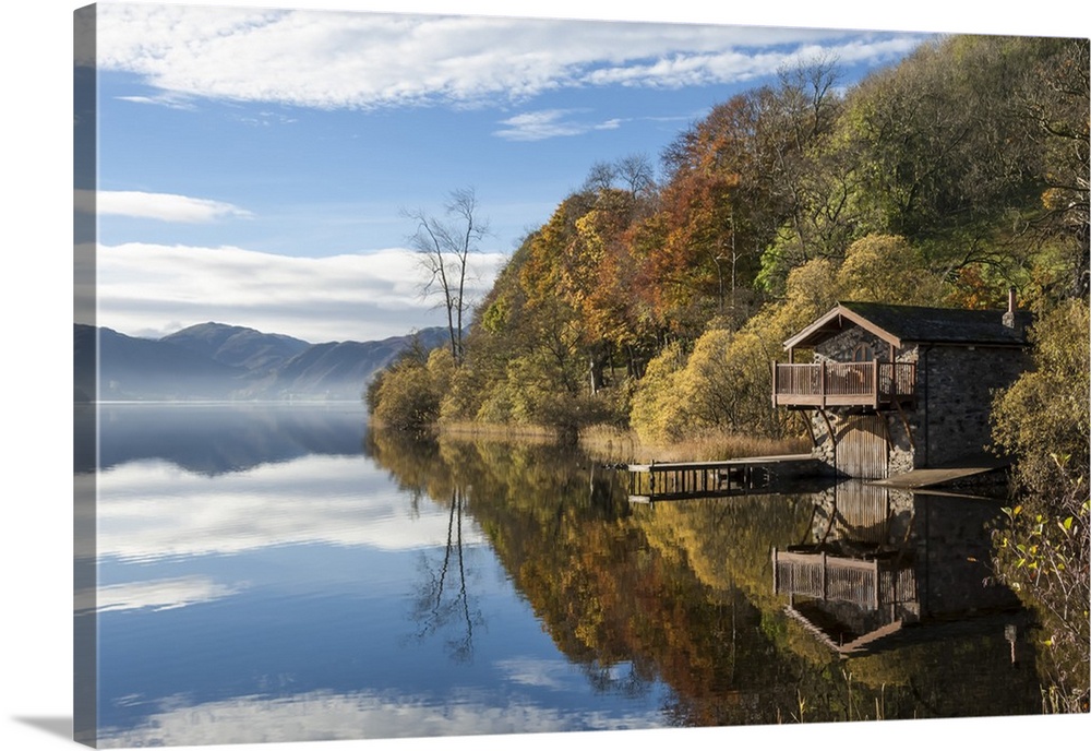 Boathouse and reflections, Lake Ullswater, Lake District National Park, Cumbria, England, United Kingdom, Europe