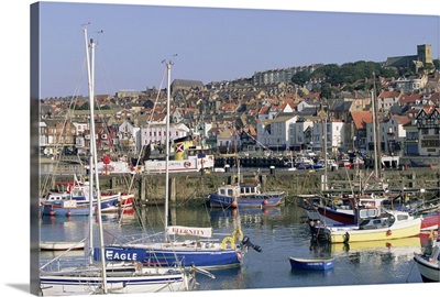 Boats in harbour and seafront, Scarborough, Yorkshire, England, UK