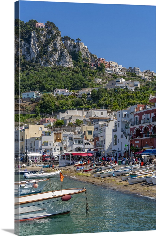 View of boats in Marina Grande overlooked by Capri Town in the background, Isle of Capri, Bay of Naples, Campania, Italy, ...