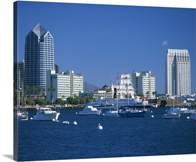 Boats in the harbour and city skyline of San Diego, California