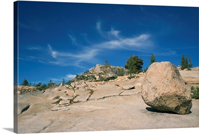 Boulder on rocky arid landscape in the Tioga Pass area of Nevada