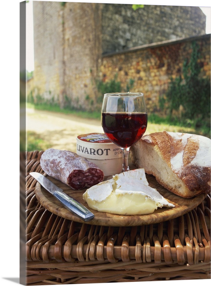 Bread, glass of red wine, cheese and sausage, Dordogne, France