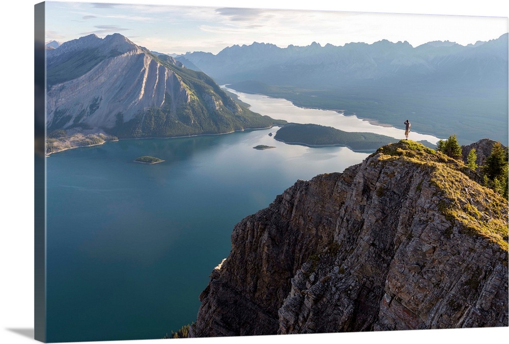 Breathtaking view at sunrise of Kananaskis Lake from peak of hike, Alberta, Rocky Mountains, Canada