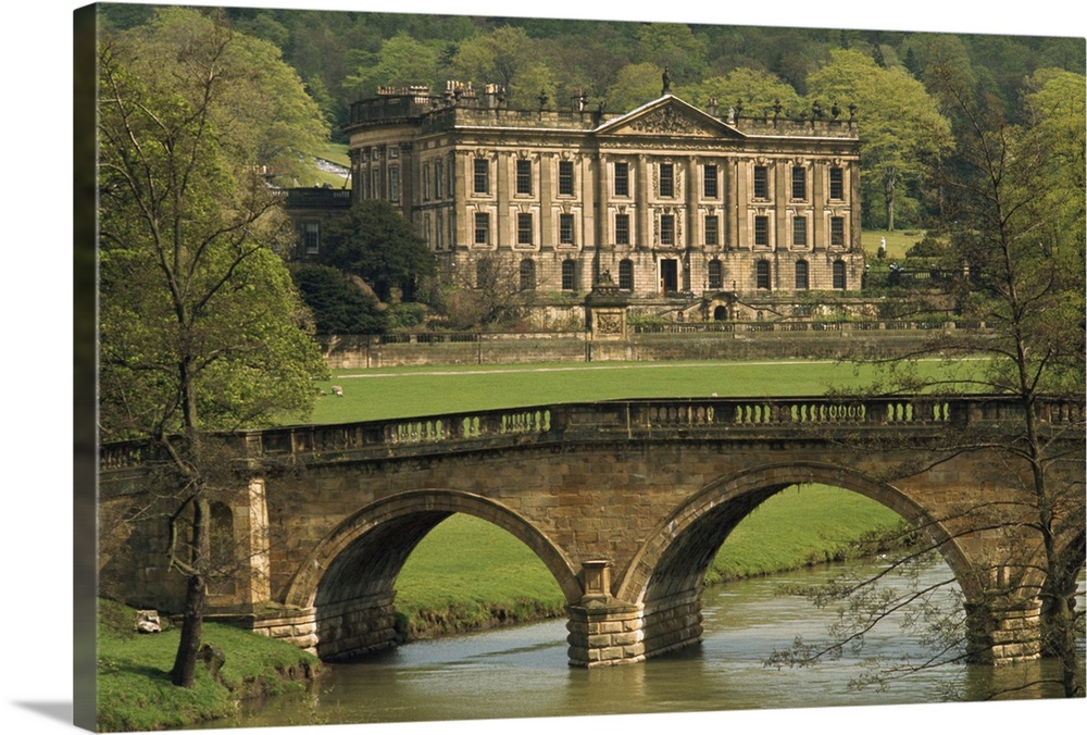 Bridge over the river and Chatsworth House, Derbyshire, England, UK